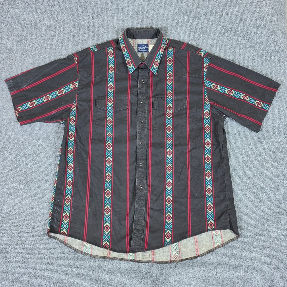 Wrangler Western Shirts Mens 2XL Black Aztec Southwestern Striped Button Down